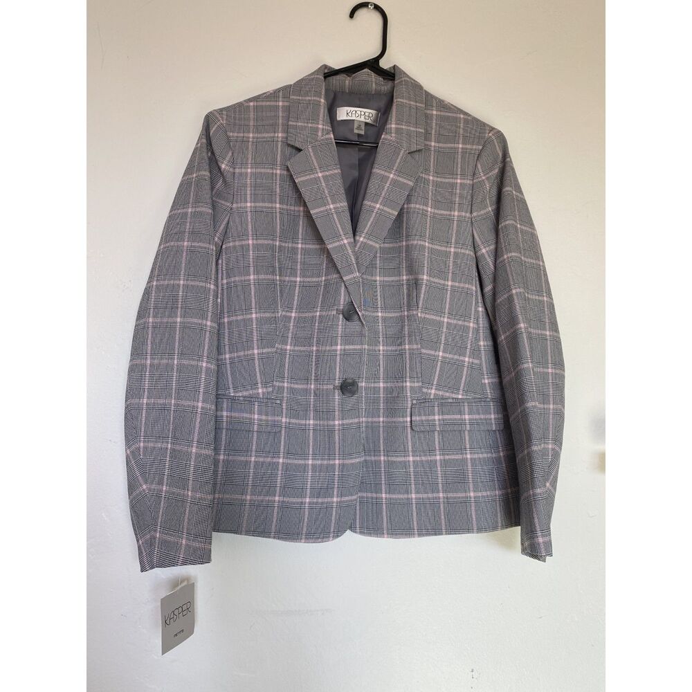 Kasper Petite Plaid Two-Button Blazer Jacket NWT Tutu Pink Gray Combo 14P